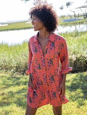 NWT Natural Life Boho Floral Cotton Gauze Shirt Dress, L